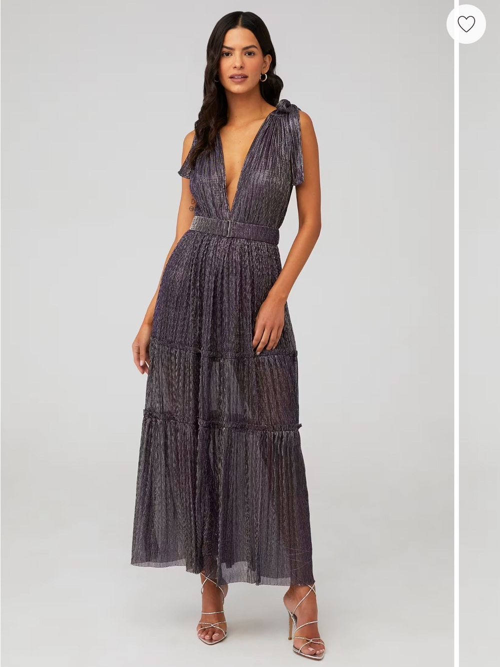 Sabina Musayev Metallic Plum Tiered Maxi Dress with Plunging V-Neck